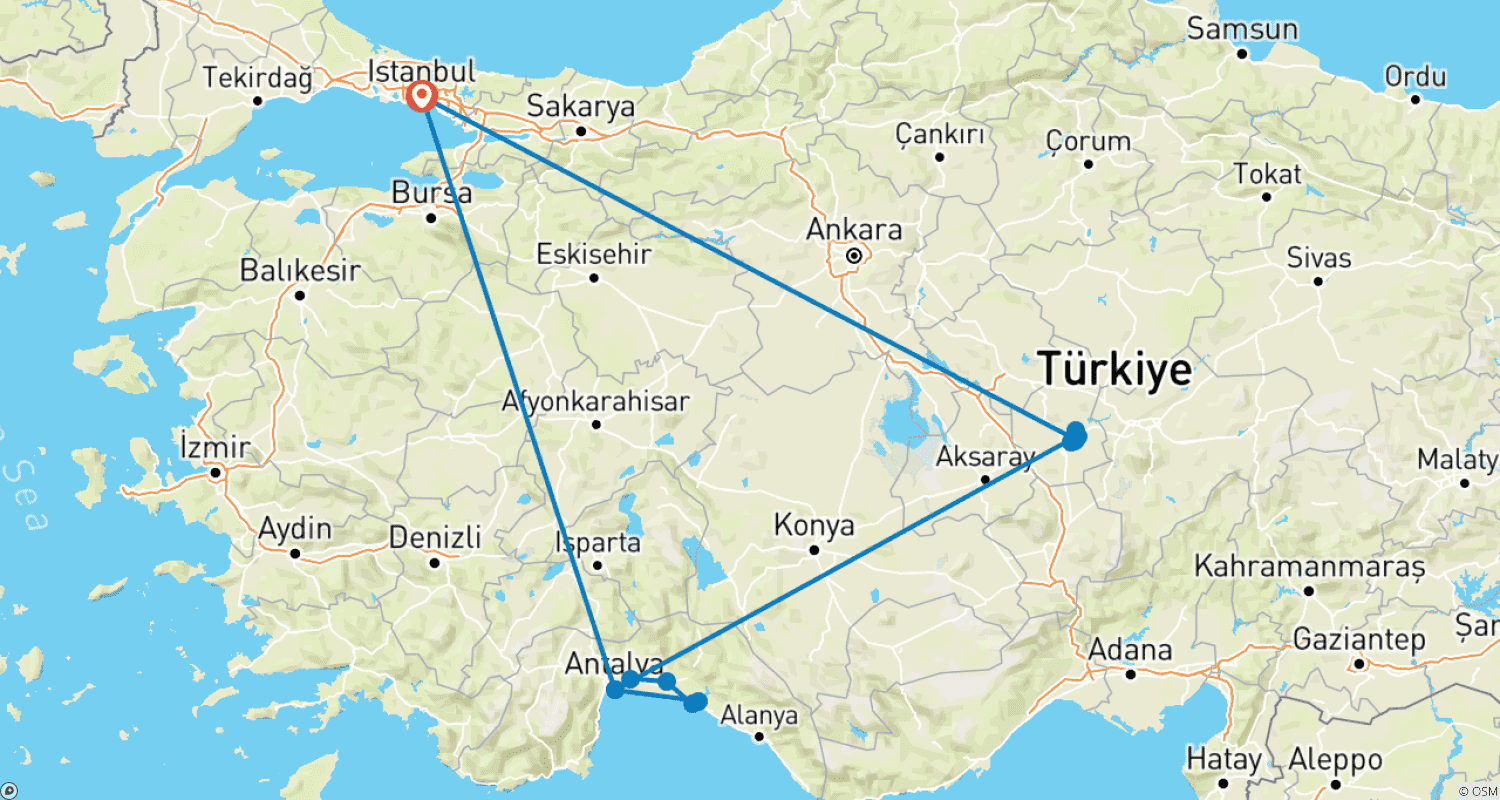 Mapa do percurso de Excursão de 7 Dias por Istambul, Capadócia e Antália (Taxas de entrada em museus incluídas)