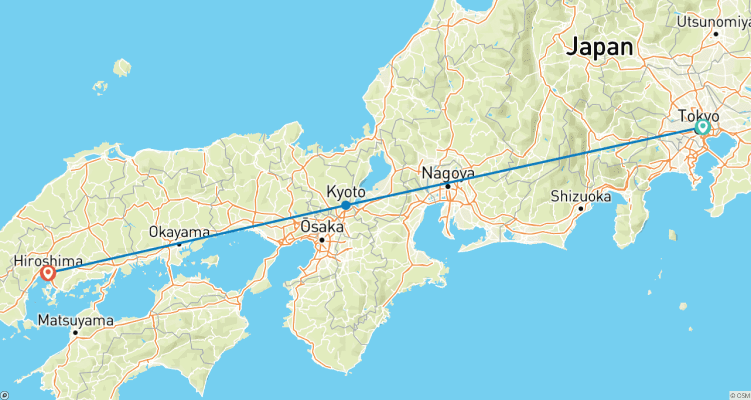 Mapa do percurso de Capitais Imperiais do Japão e Hiroshima: Excursão para Pequenos Grupos