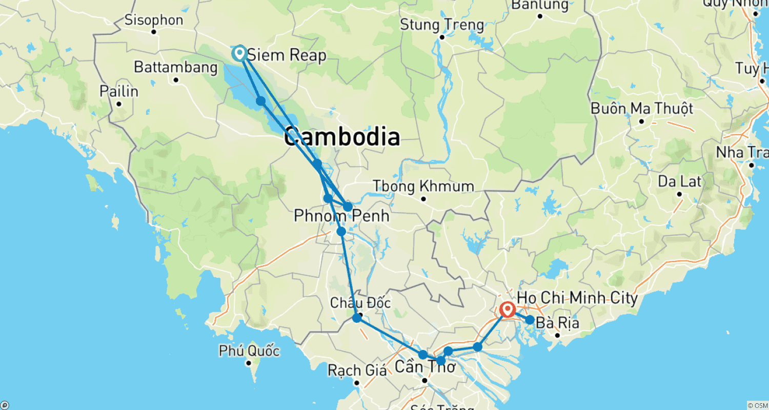 Mapa do percurso de Dos Templos de Angkor ao Delta do Mekong (cruzeiro de porto a porto) (36 destinos)