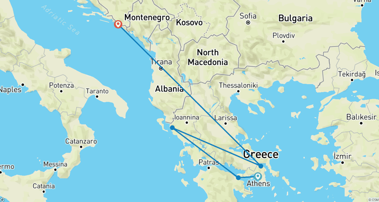 Mapa do percurso de Escapada Mediterrânea: Um Cruzeiro para Descobrir os Tesouros da Grécia e do Adriático, passando pelo Canal de Corinto (cruzeiro porto a porto)
