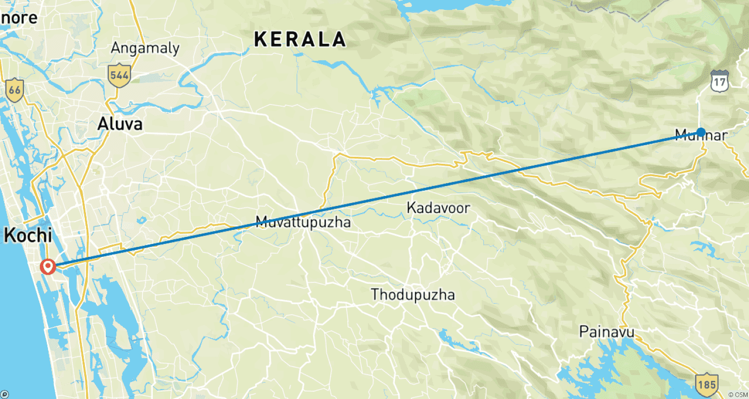 خريطة مسار Cochin: Munnar Hill Station Tea Garden Overnight Tour!!
