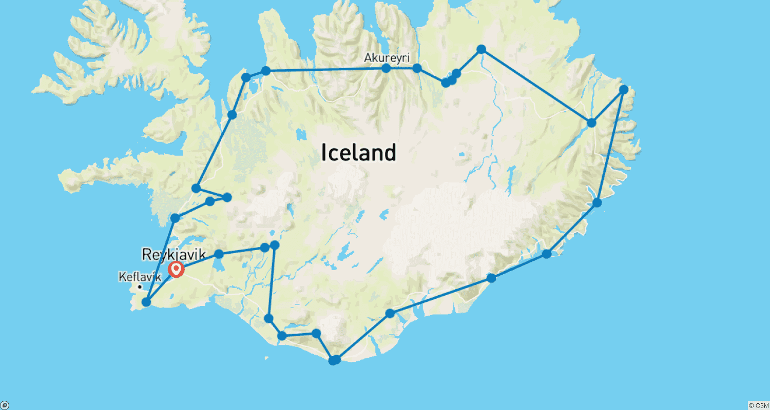 Mapa trasy: 6 dni - Islandzka trasa Ring Road z biletem wstępu do Blue Lagoon - wycieczka w małej grupie