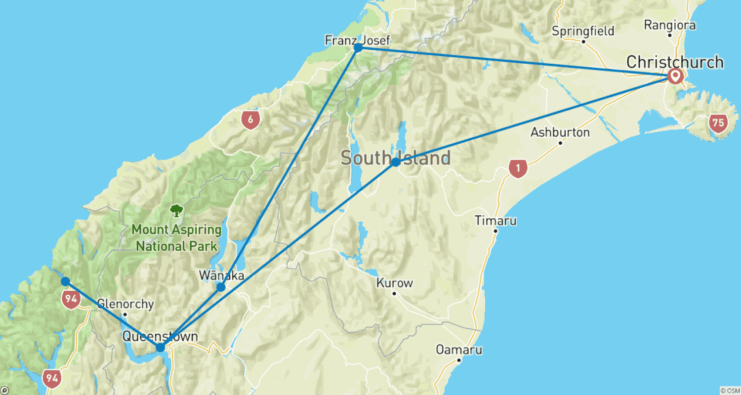 Mapa do percurso de Budget South Island Adventure - 7 days