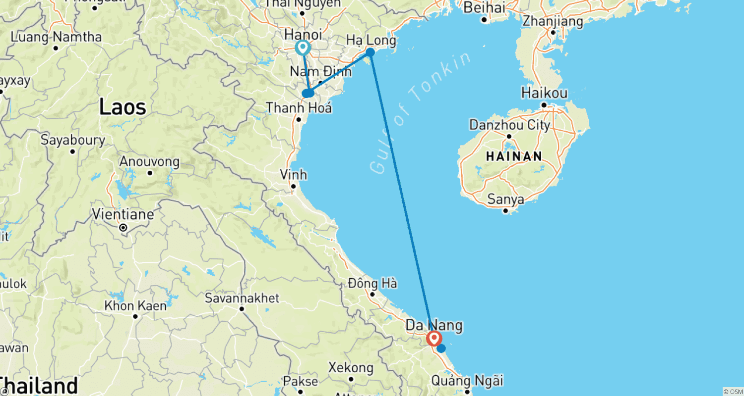 Mapa do percurso de 8 Dias para Explorar o Melhor do Norte e Centro do Vietnã - Destaques e Atividades COMPLETAS
