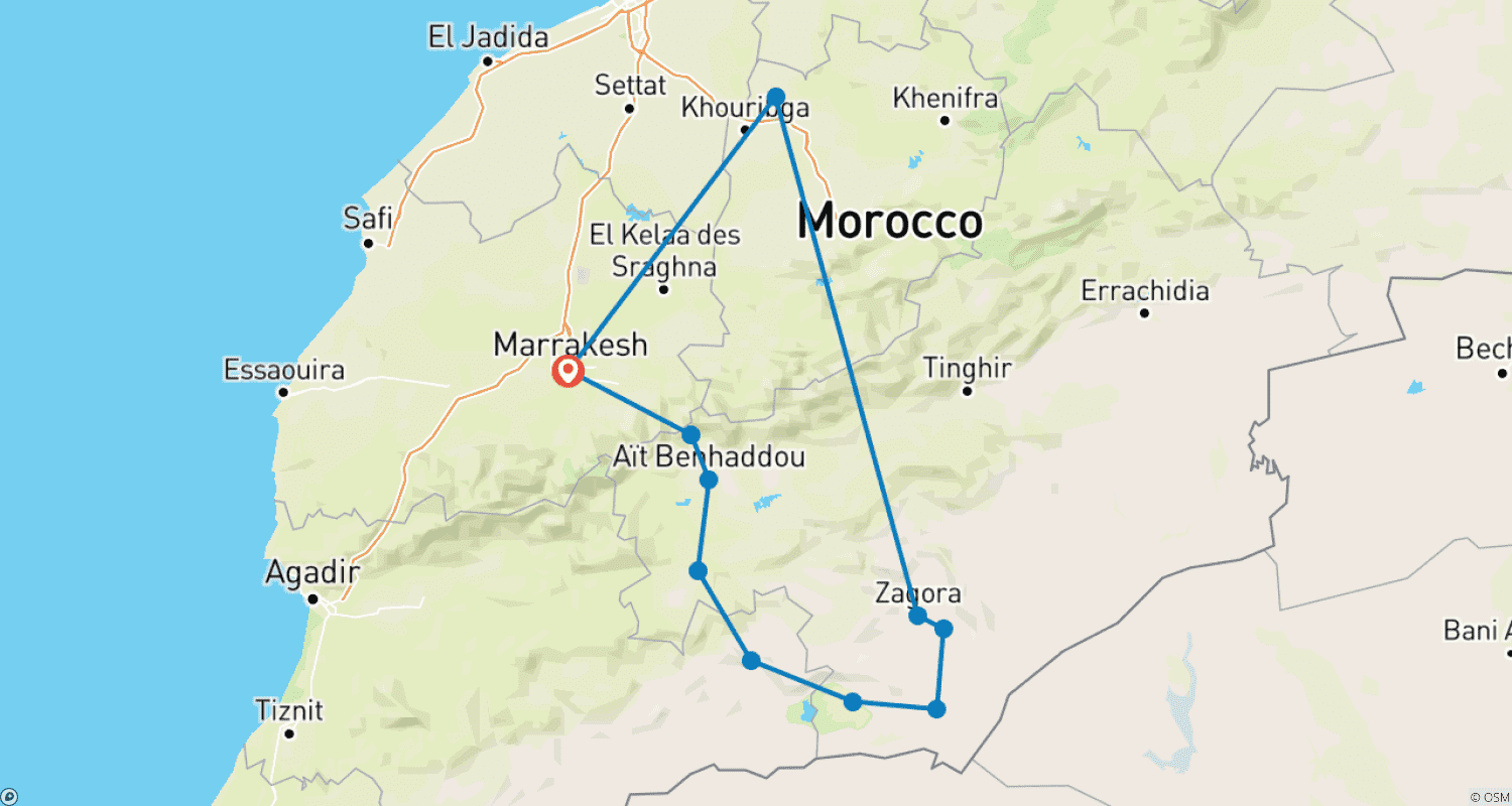 Mapa trasy: 5-dniowe prywatne wycieczki po pustyni z Marrakeszu na Pustynię Sahara i Sylwester 2026/2027