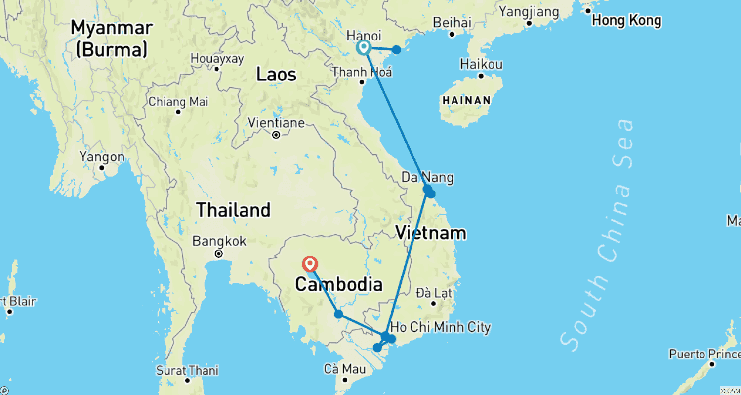 خريطة مسار Vietnam and Cambodia Exploration in 14 day