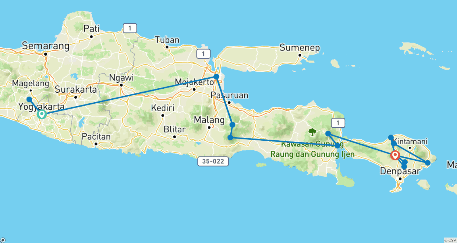 Mapa trasy: 13 Amazing Java & Bali Honeymoon (private guide & driver）