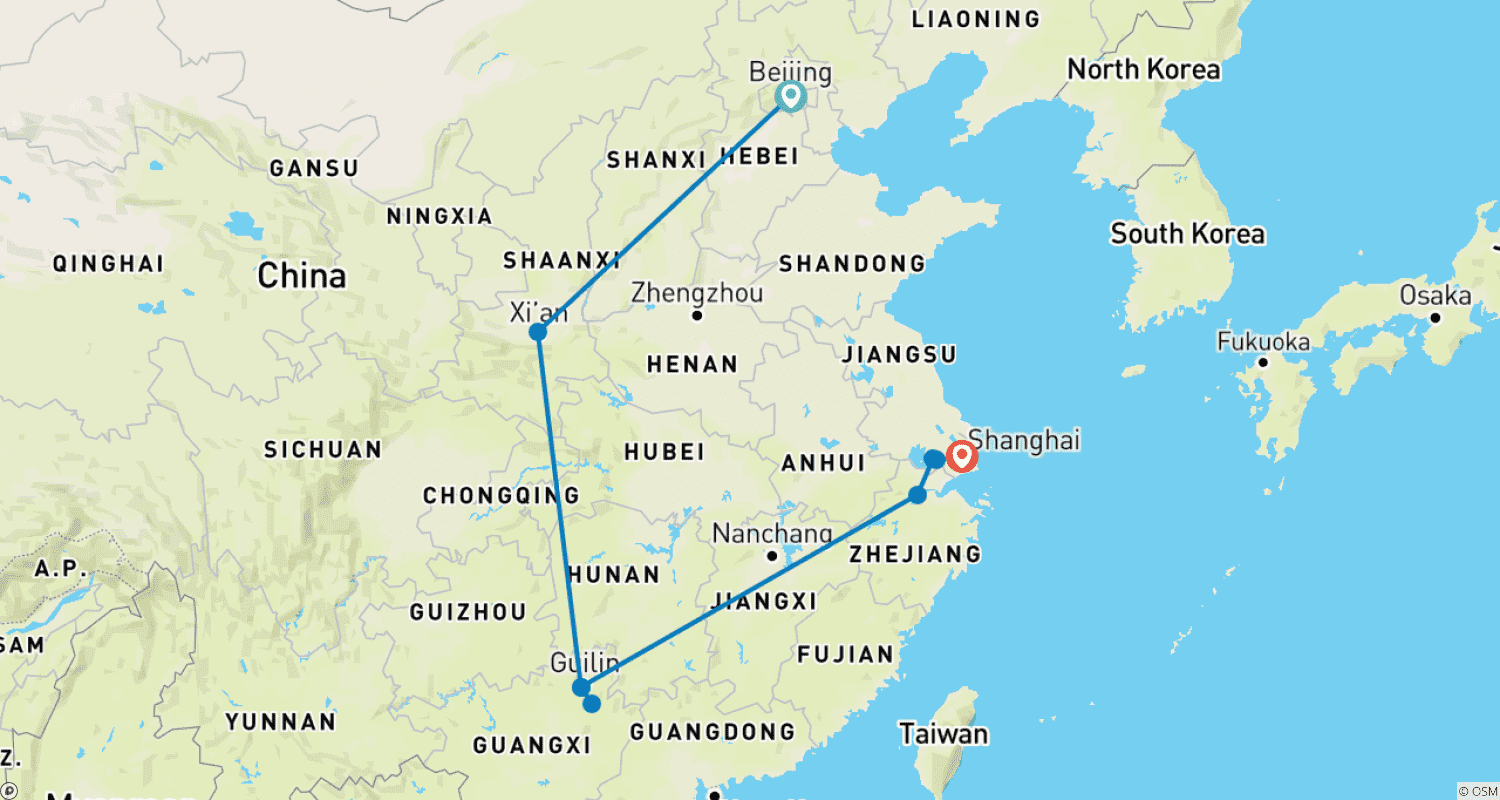 中国の美しさを満喫する14日間少人数グループツアーのルートマップ