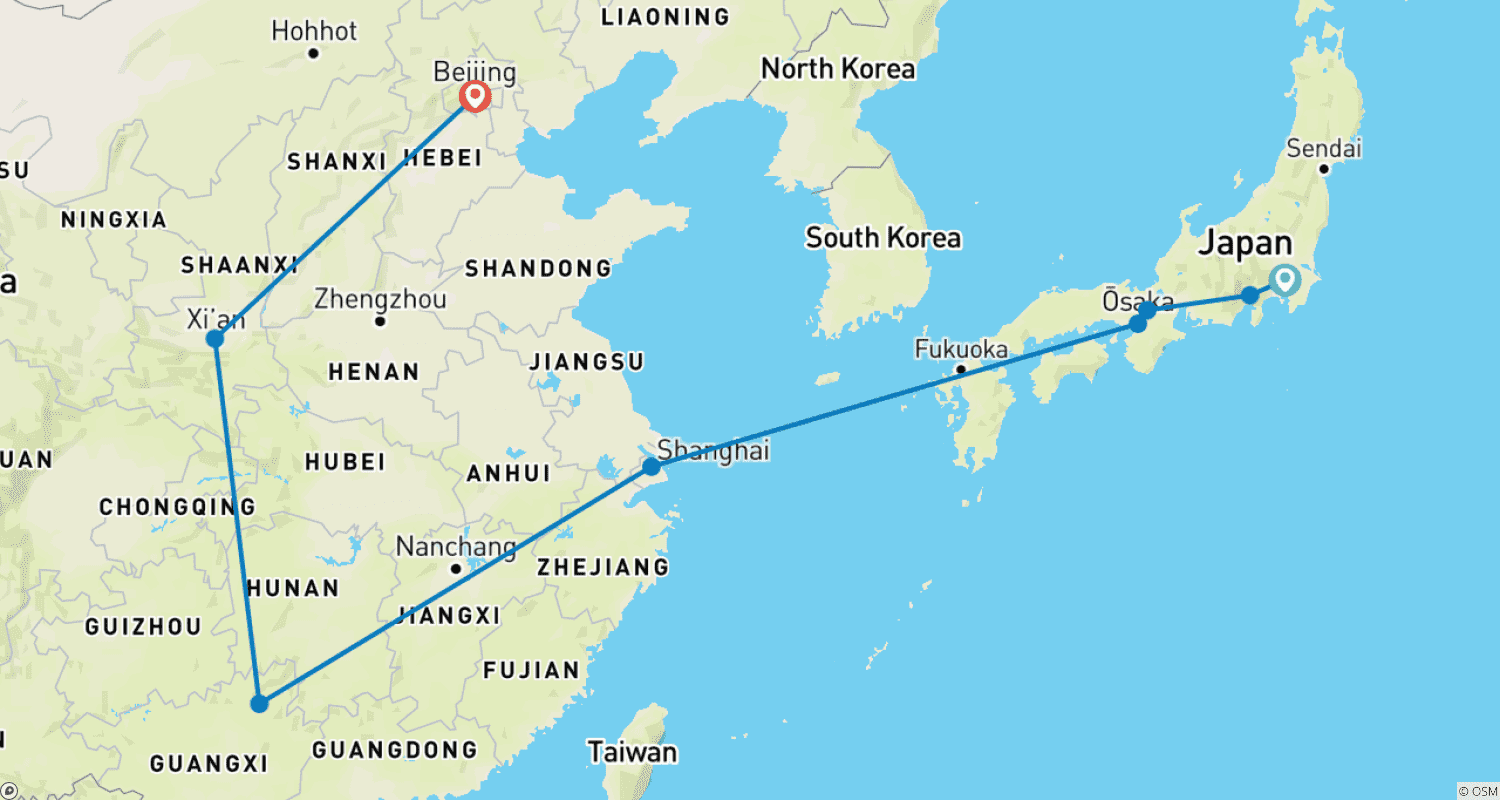 Mapa trasy: Szyta na miarę wycieczka do Japonii i Chin, codzienne wyjazdy i prywatny przewodnik z samochodem
