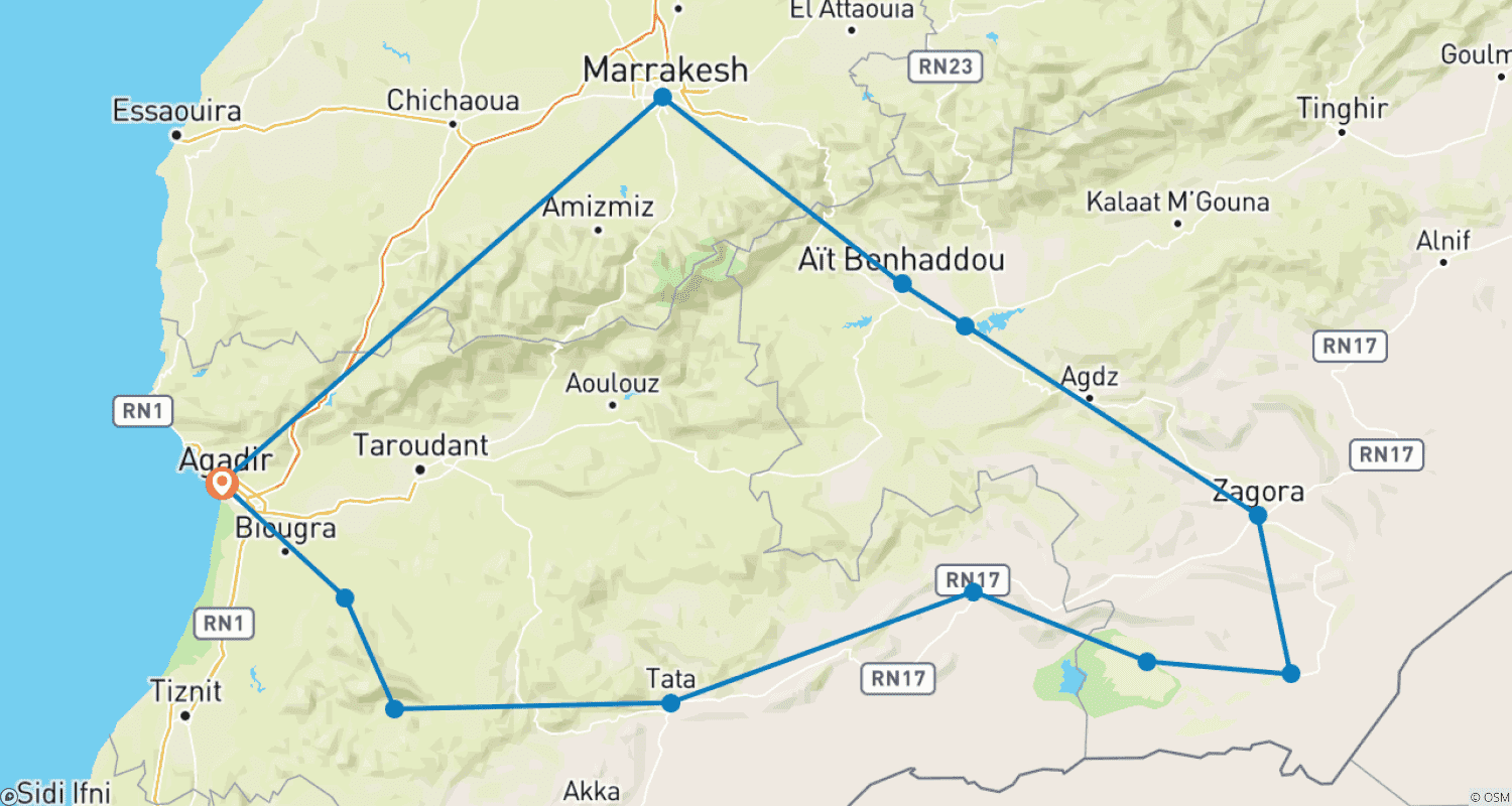 خريطة مسار Morocco Desert Tour 6 Days From Agadir To Sahara Desert