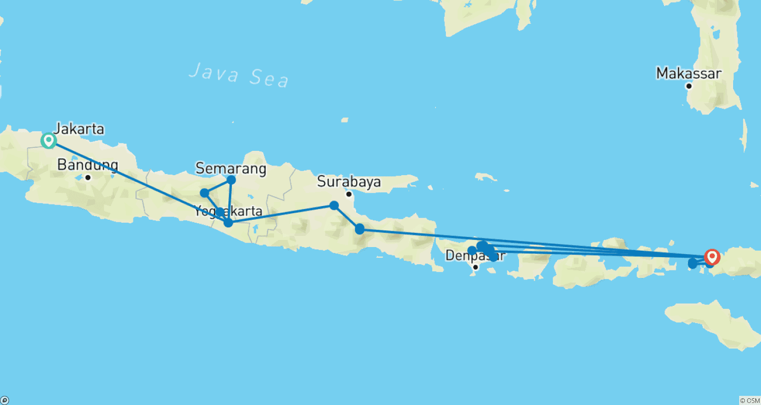 Mapa trasy: Wycieczki po Indonezji 3 Wyspy: Jawa, Bali i Labuan Bajo