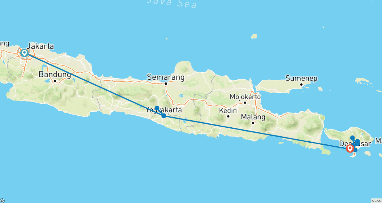 Mapa do percurso de Tour Clássico de 11 Dias em Jacarta, Yogyakarta e Bali (guia e motorista particulares)