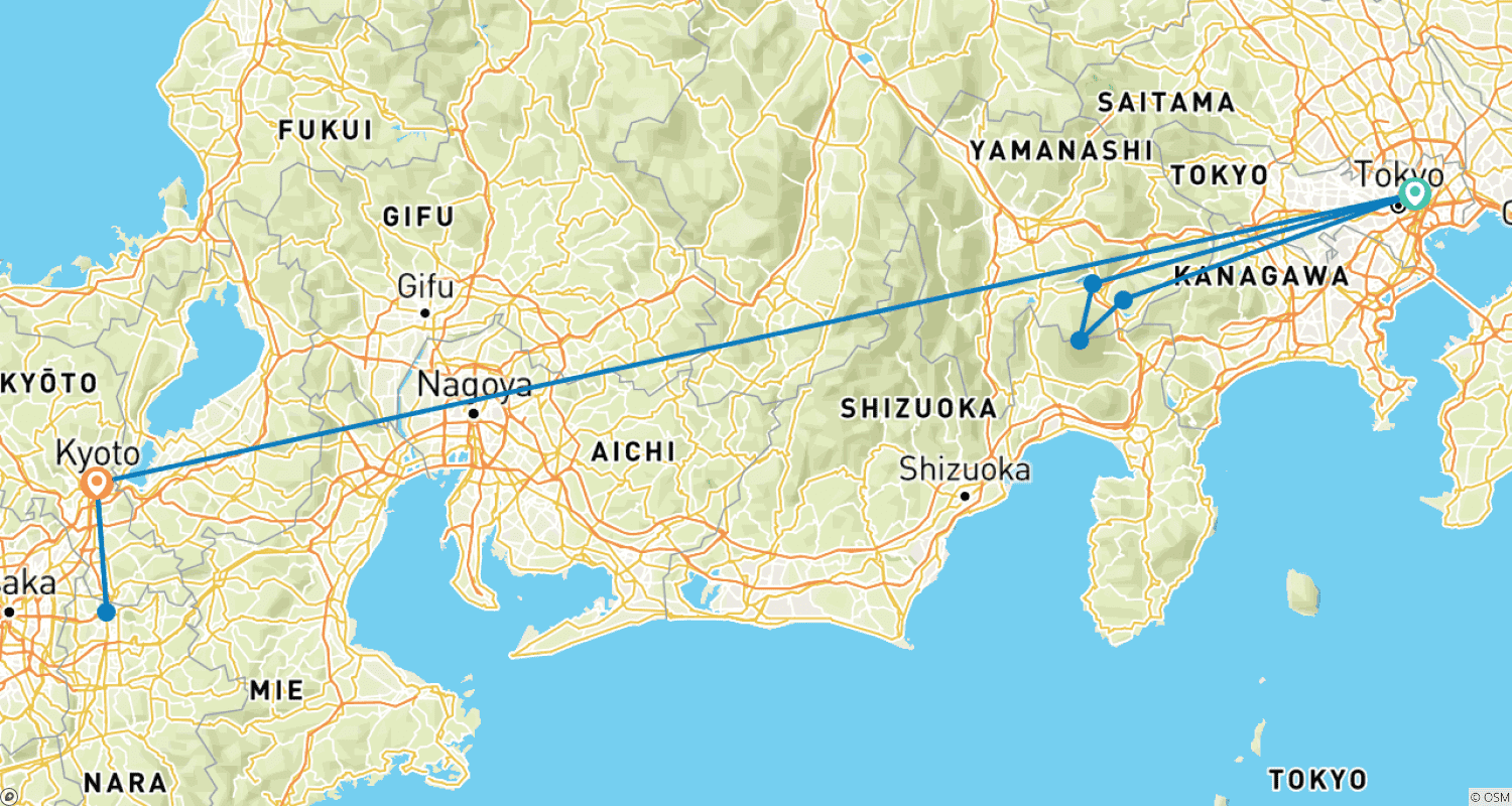 Mapa trasy: 7-dniowa wycieczka typu „Highlights” po Japonii w małej grupie