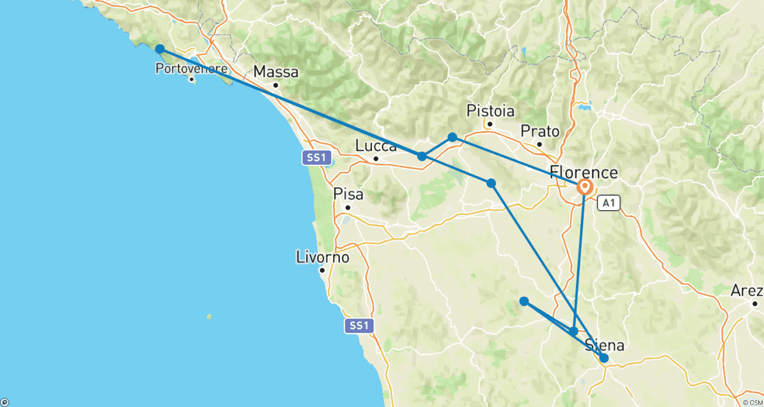 Mapa do percurso de Jóias da Toscana & Cinque Terre | Tour Independente Premium incluindo excursões em pequenos grupos | 8 dias/7 noites