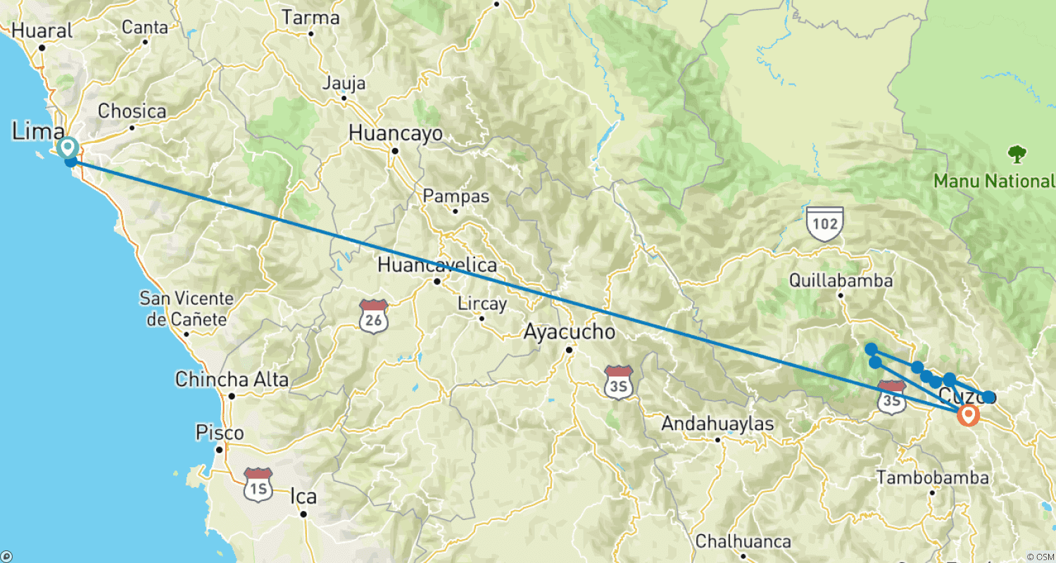 Mapa do percurso de 7-Day New Dawn in Machu Picchu: Lima, Cusco & Sacred Valley