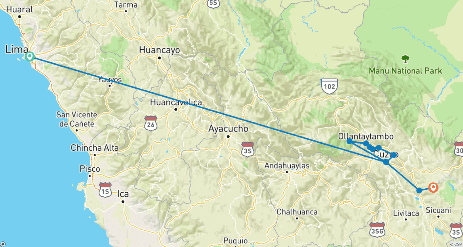 Mapa do percurso de 8 Dias Grandes Maravilhas de Cusco: Sacsayhuaman, Vale Sagrado, Machu Picchu e Montanha Colorida Vinicunca