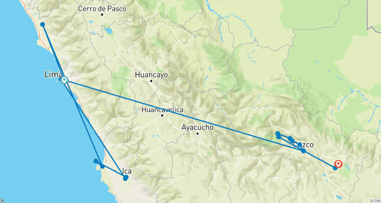 Mapa do percurso de 8 Dias Peru, Império dos Sentidos: Lima, Cusco, Vale Sagrado & Machu Picchu