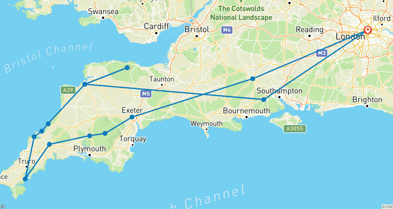 Mapa trasy: Devon i Kornwalia