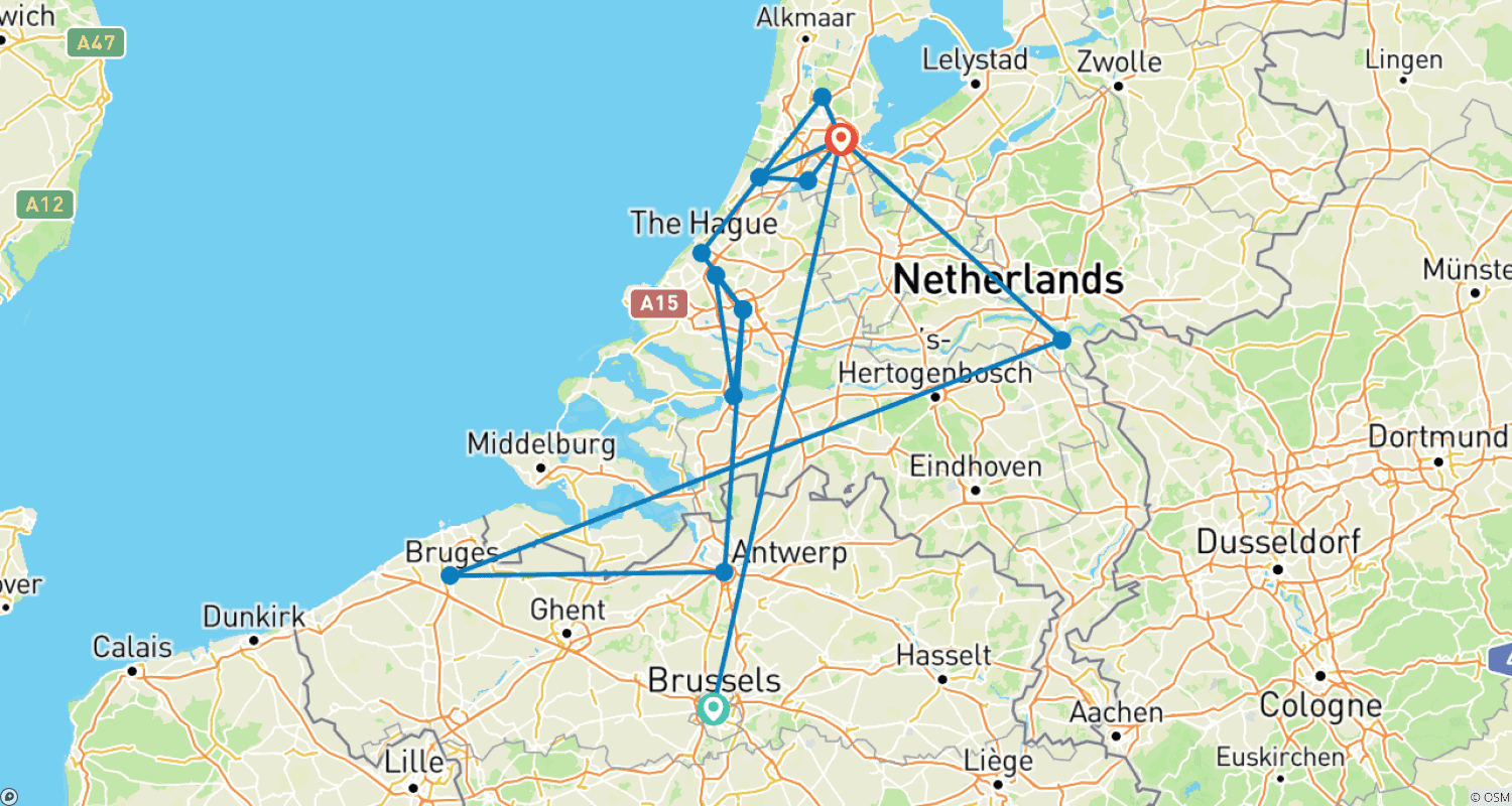 Mapa do percurso de Delícias Belgas e Holanda em Flor 2026