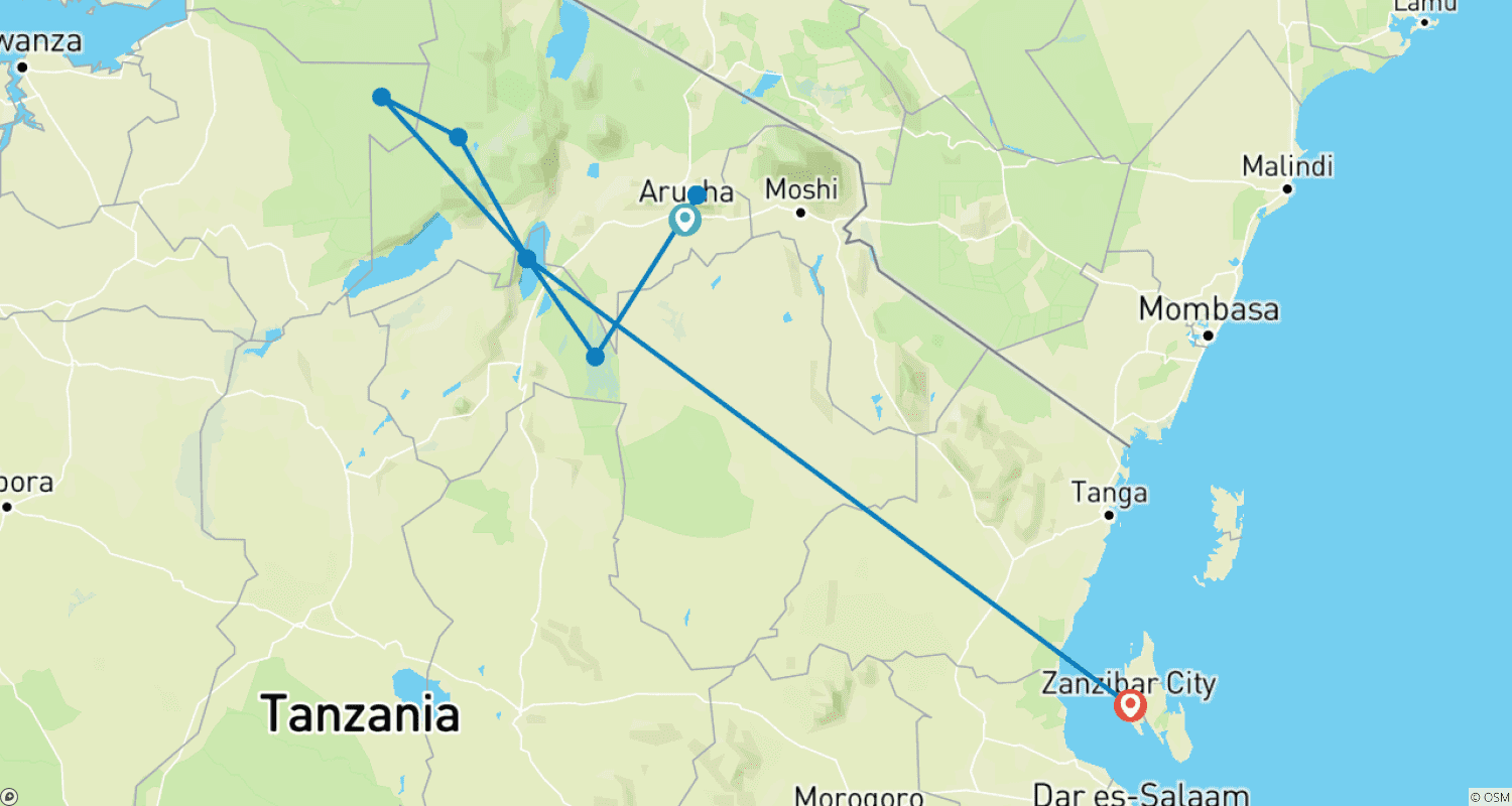 Mapa trasy: Surprising Great Wildebeest Migration & Zanzibar Highlights
