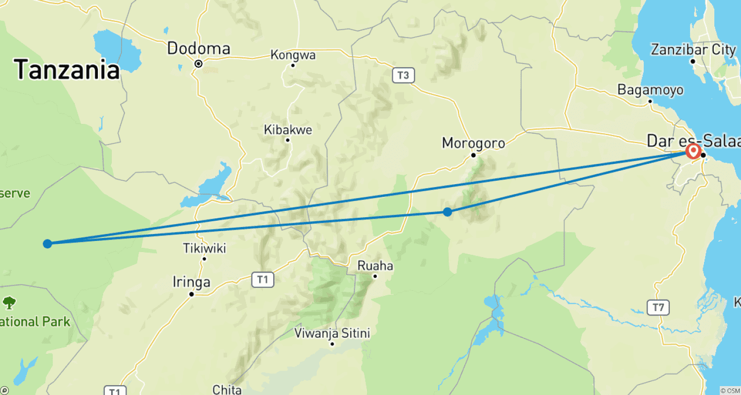 Explore Tanzania’s Central and Southern Gemsのルートマップ