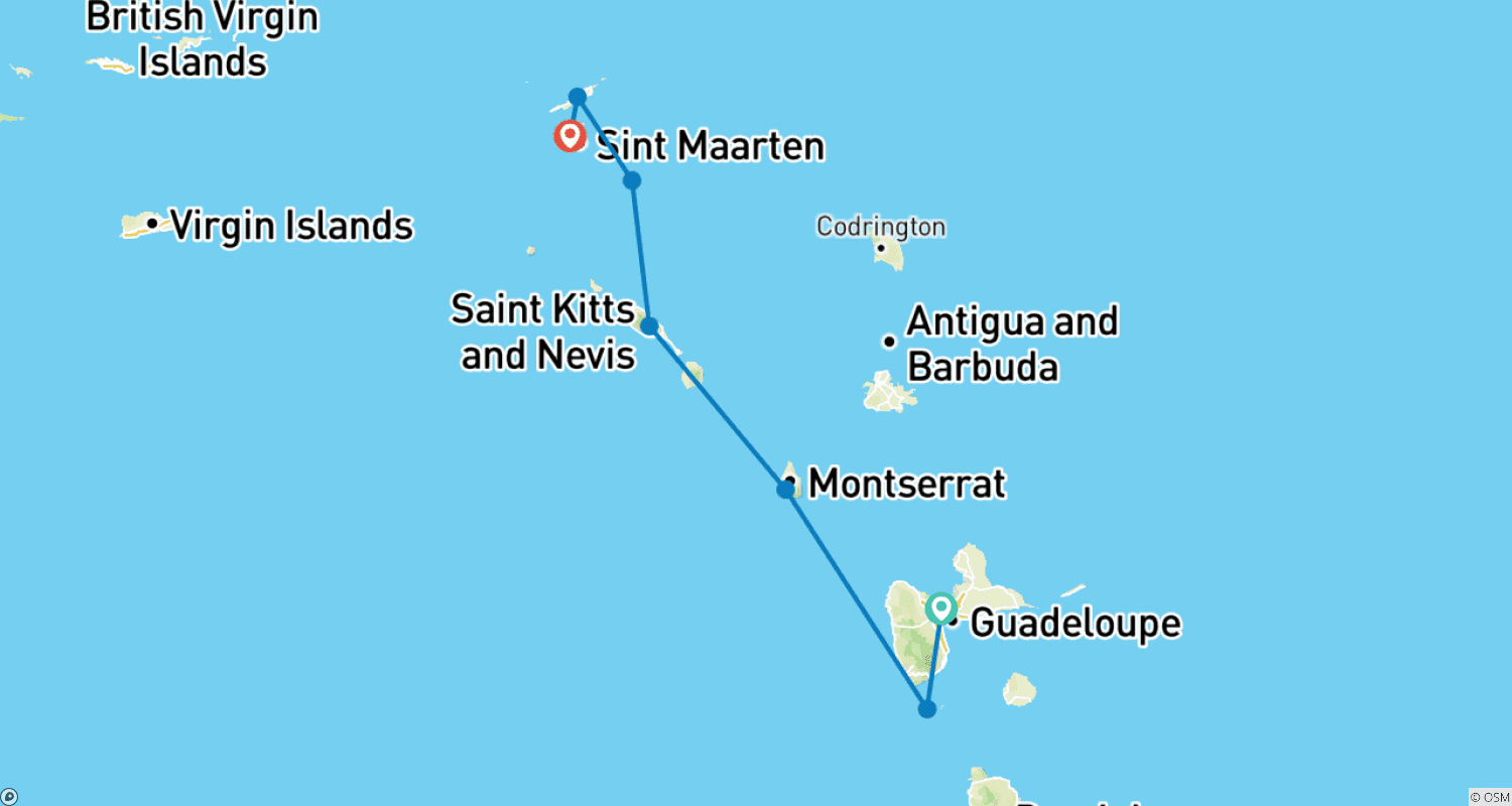Mapa do percurso de Sonho caribenho: de Guadalupe a Sint Maarten