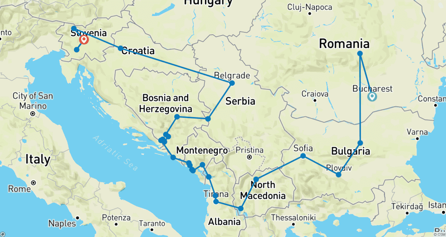 Mapa trasy: 17-dniowa Wielka Bałkańska Podróż Kulturowa