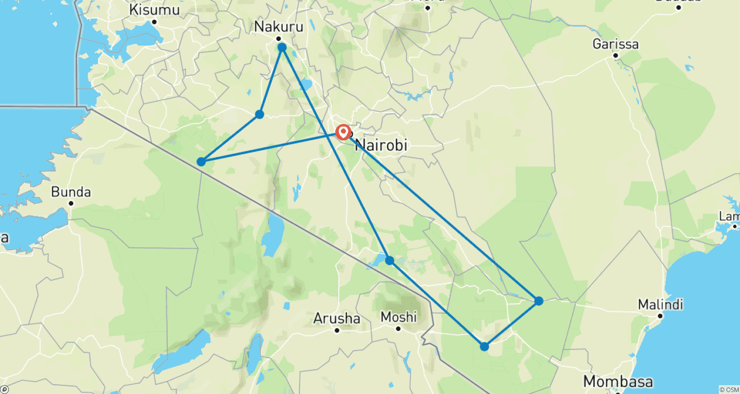 Mapa do percurso de Quênia: 8 Dias Masai Mara-L Nakuru-Amboseli-Saltlick-Tsavo East