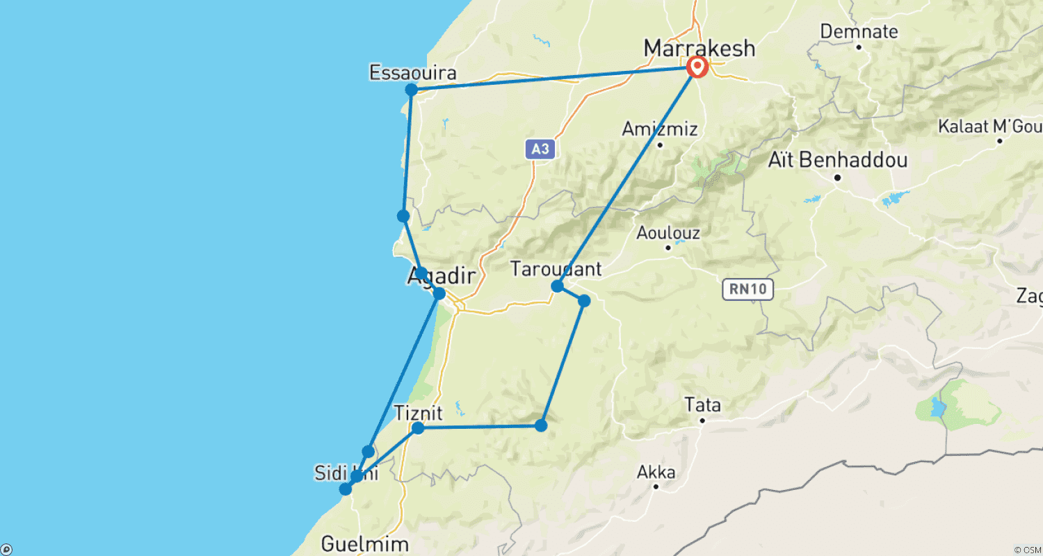 Mapa do percurso de Tour de Luxo de 8 Dias pela Costa Atlântica: Marrakech/Essaouira/Taghazout/Mirleft...