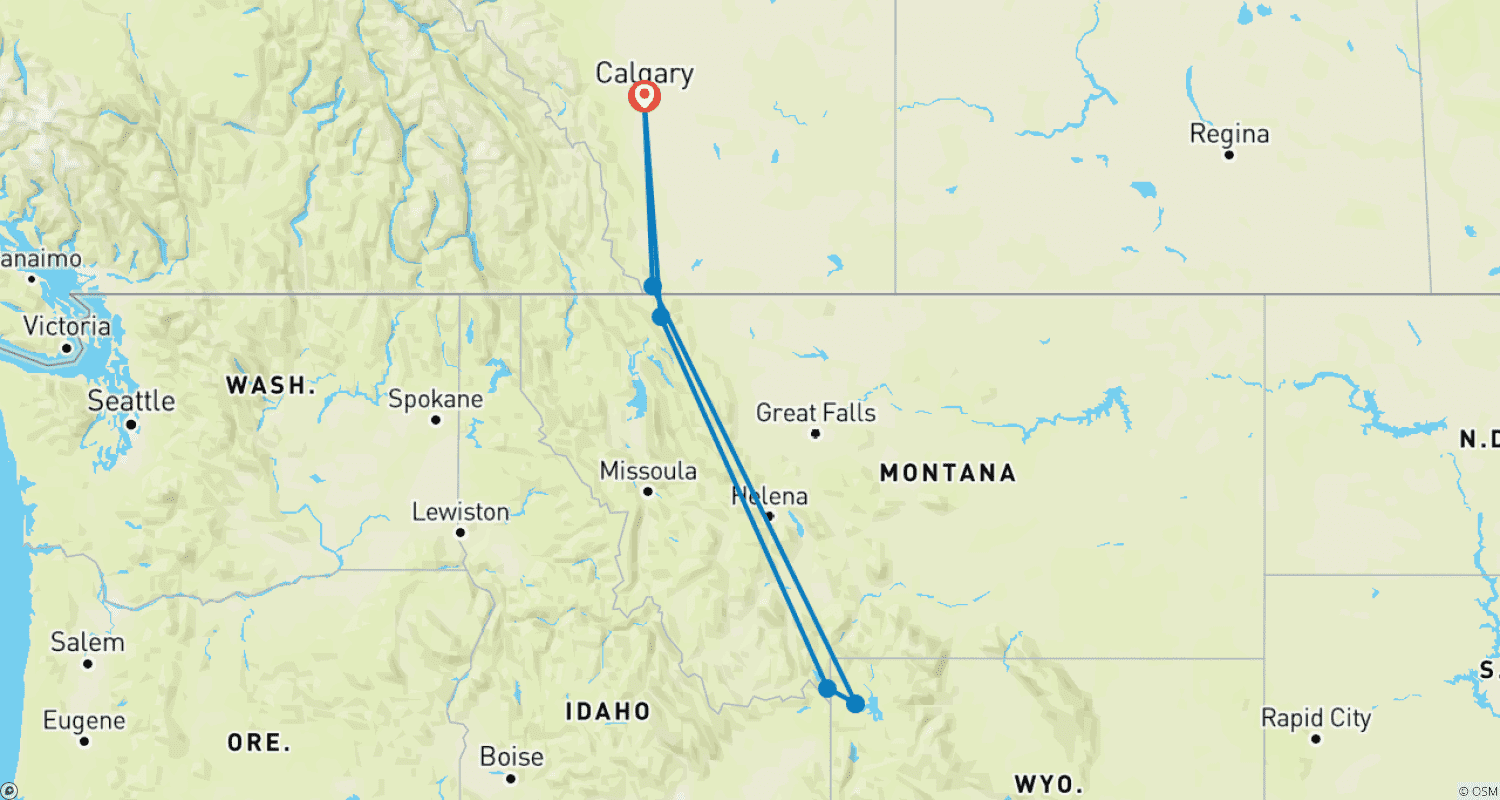 Mapa trasy: 6-dniowa wycieczka Yellowstone i Glacier z Calgary (mała grupa)