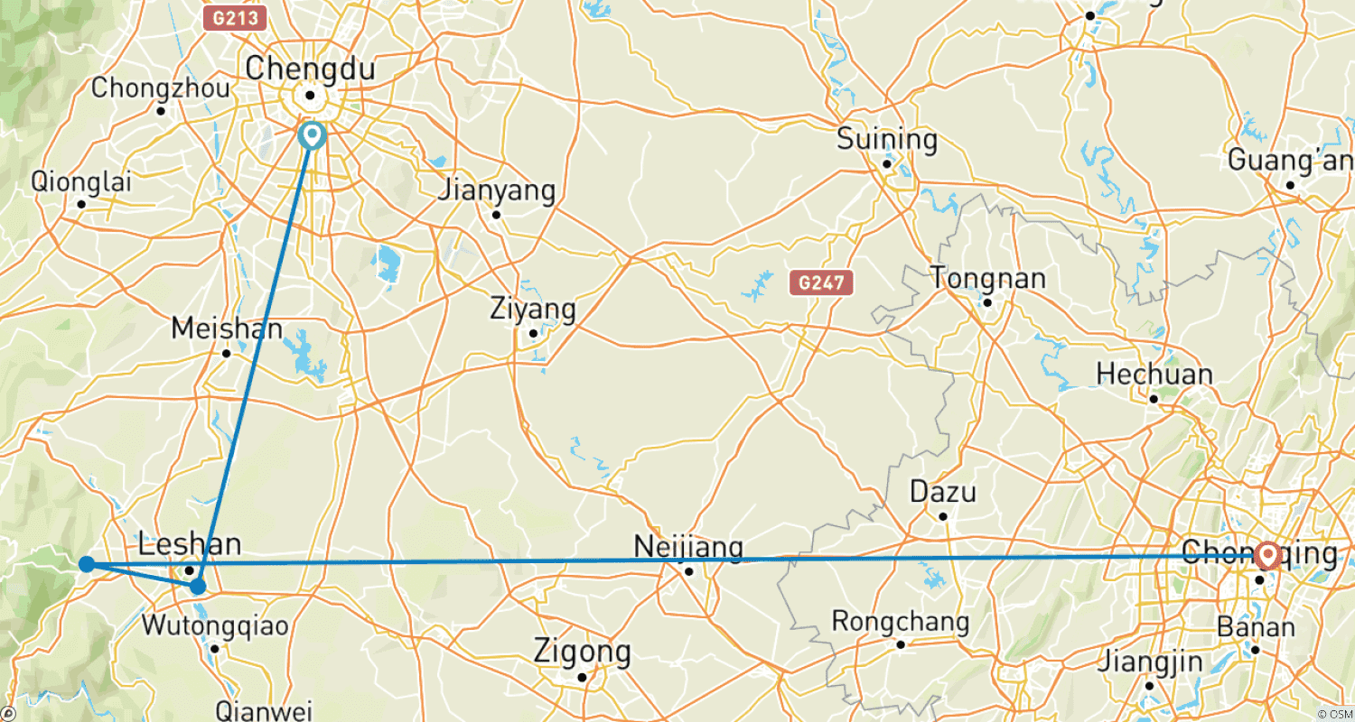 خريطة مسار Chengdu to Chongqing Discovery Tour 8D