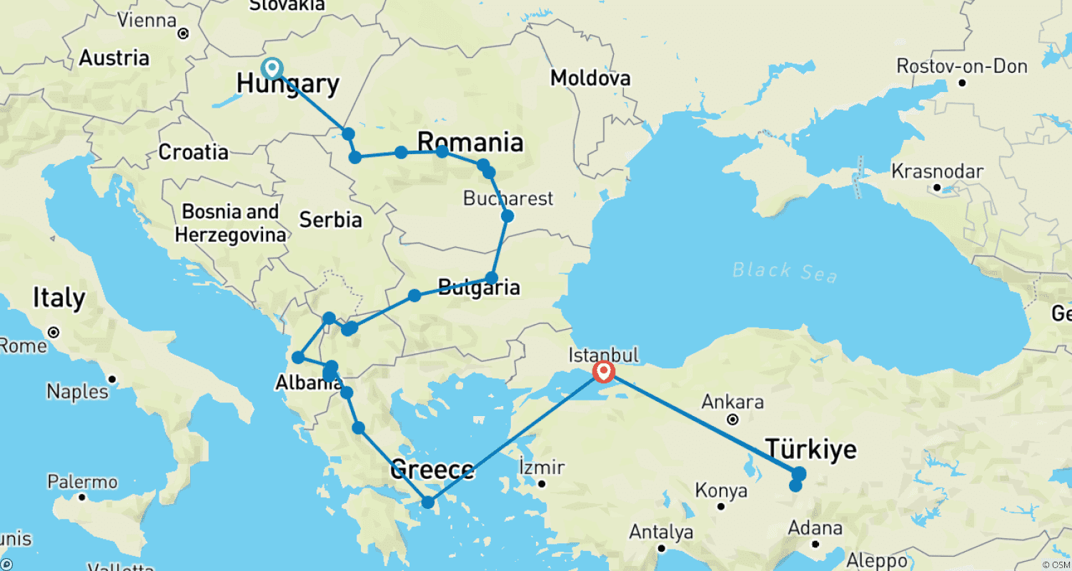 Mapa trasy: Wielka Bałkańska Przygoda: Z Budapesztu do Aten i Kapadocji – 3 PRZELOTY W CENIE – Wycieczka w Małej Grupie