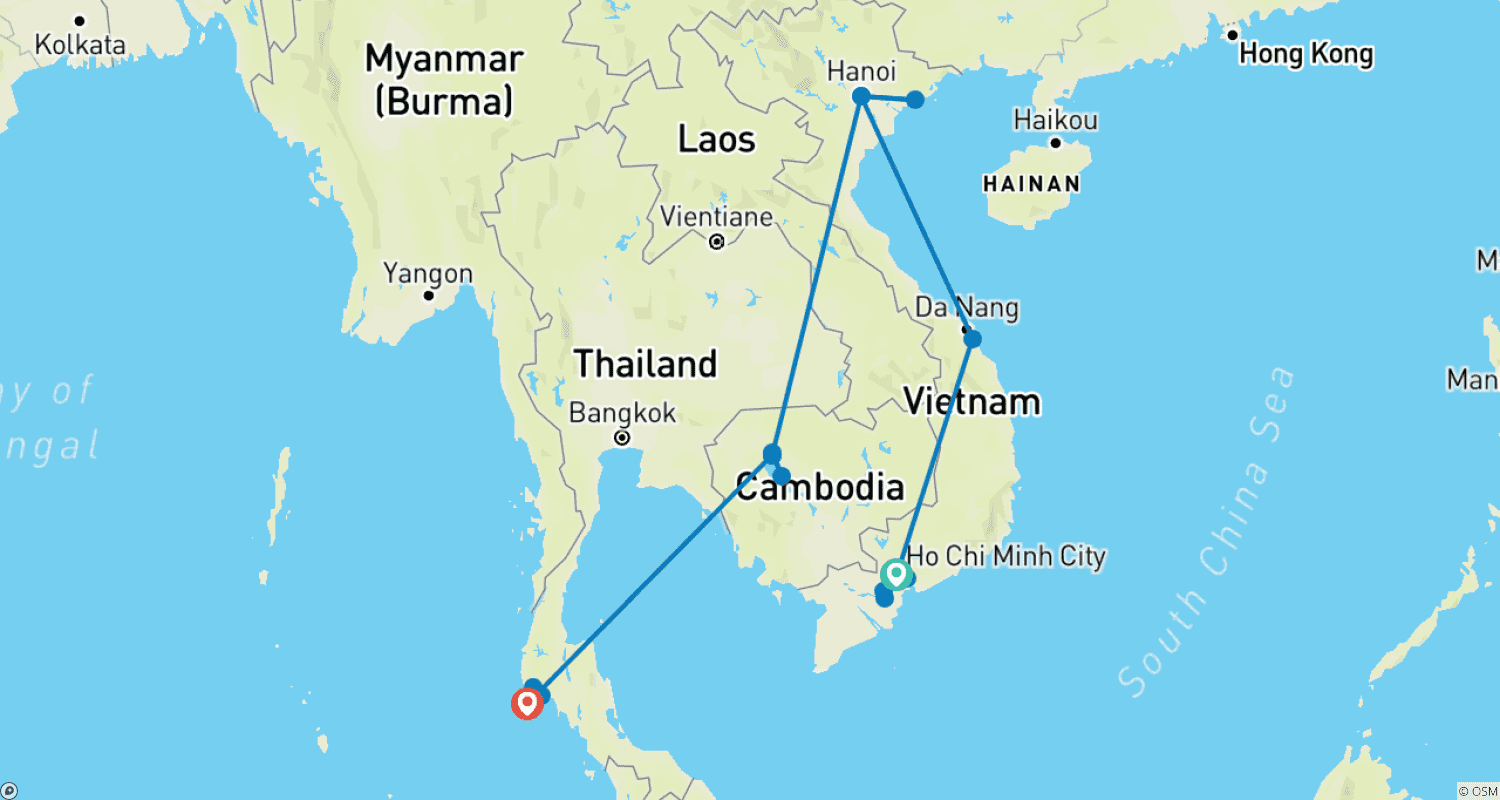 Mapa trasy: Podróż przez Wietnam, Kambodżę i Tajlandię – 16 dni z rejsowym wypoczynkiem na Zatoce Ha Long i plażowym escape’em na Phuket