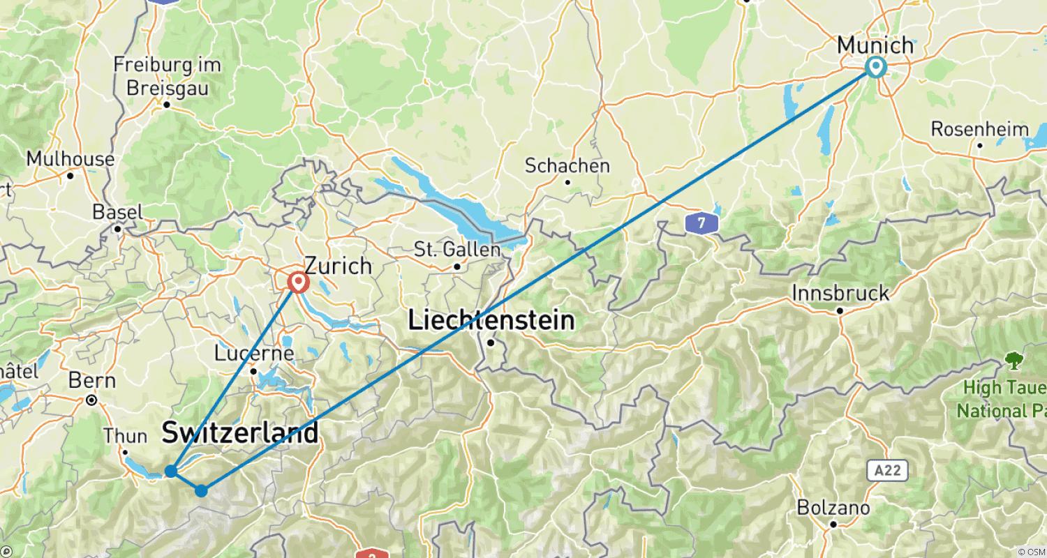 Mapa trasy: 7-dniowa wycieczka: Monachium i Zurych z Grindelwald, Interlaken i Neuschwanstein