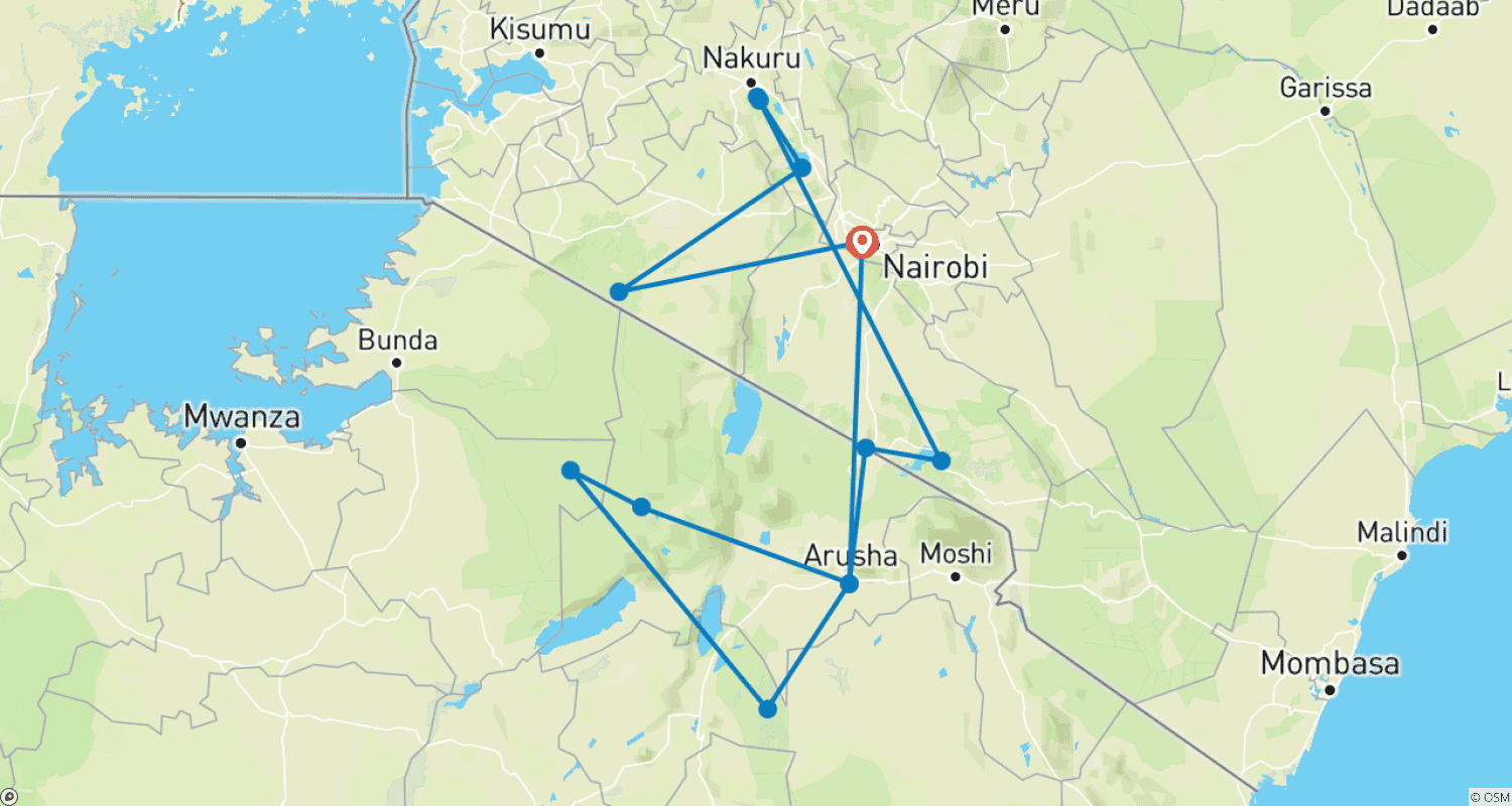 Mapa do percurso de Viagem de Luxo Privada de 12 Dias no Quênia e Tanzânia