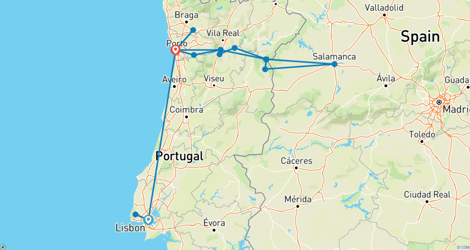 Mapa do percurso de Lisboa com Descoberta do Douro Lisboa → Porto (2026)