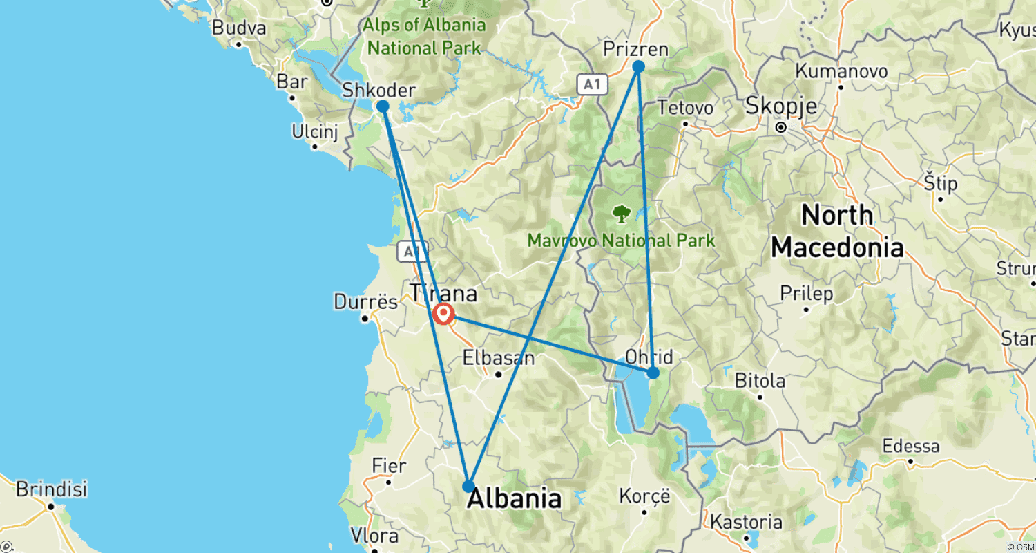 Mapa do percurso de Aventura Cultural de 7 Dias - Albânia, Macedônia do Norte e Kosovo - Excursão em Grupo Pequeno