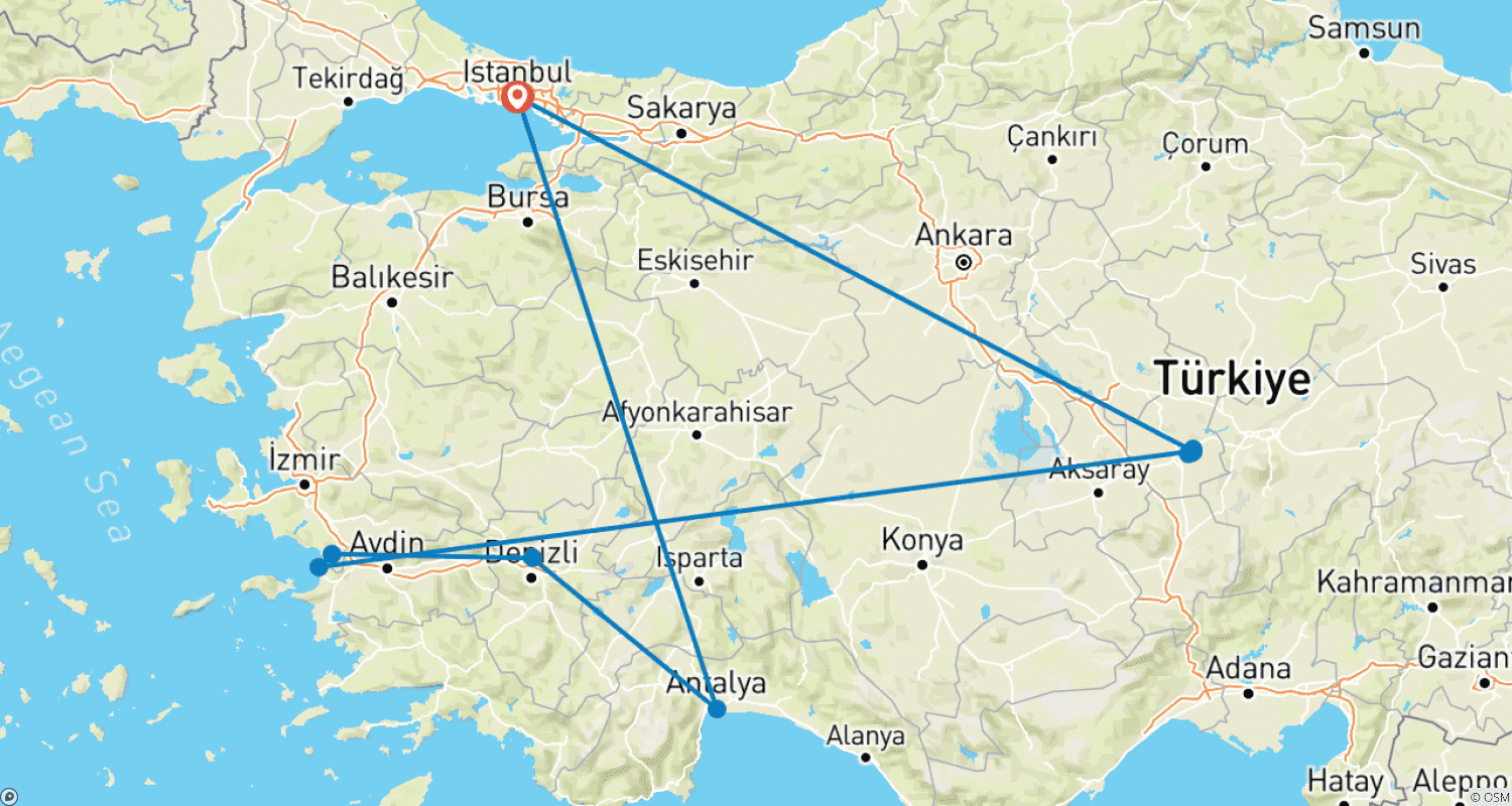 Mapa trasy: 10-dniowa Prywatna, Premium Wycieczka po TURCJI | Podróżuj lekko, odkrywaj z blaskiem! | Bez długich podróży drogowych | od ANGELS VACATIONS
