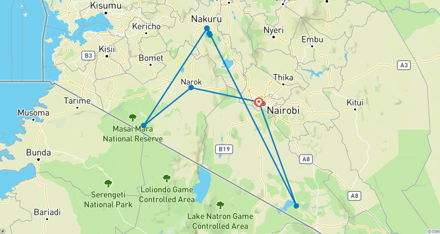 Kenya: 6日間 Maasai Mara-Nakuru-Amboseli クラシックサファリのルートマップ