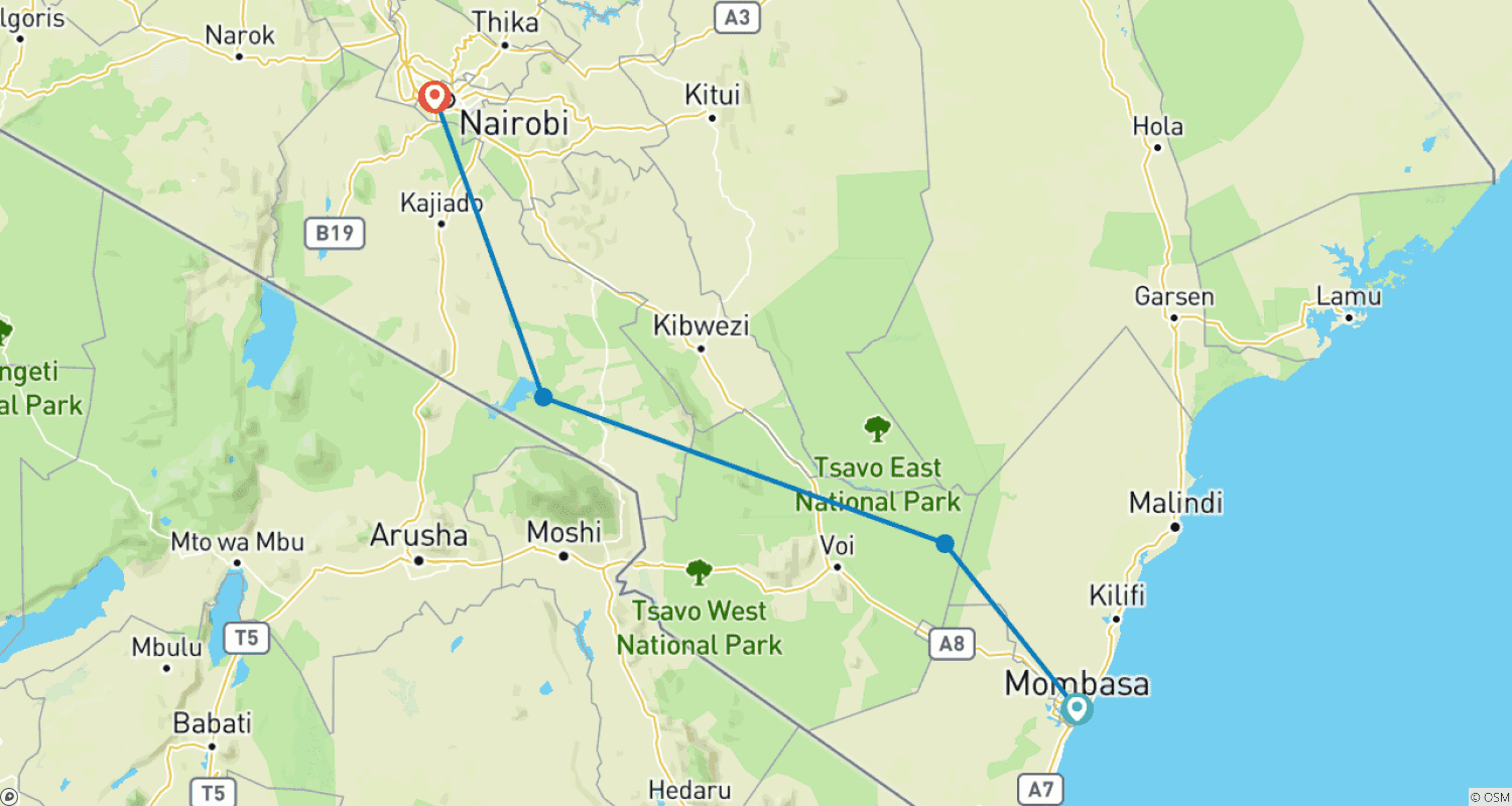 Kenya: 5-Day Mombasa/Tsavo East/Tsavo West/Amboseli/Nairobiのルートマップ