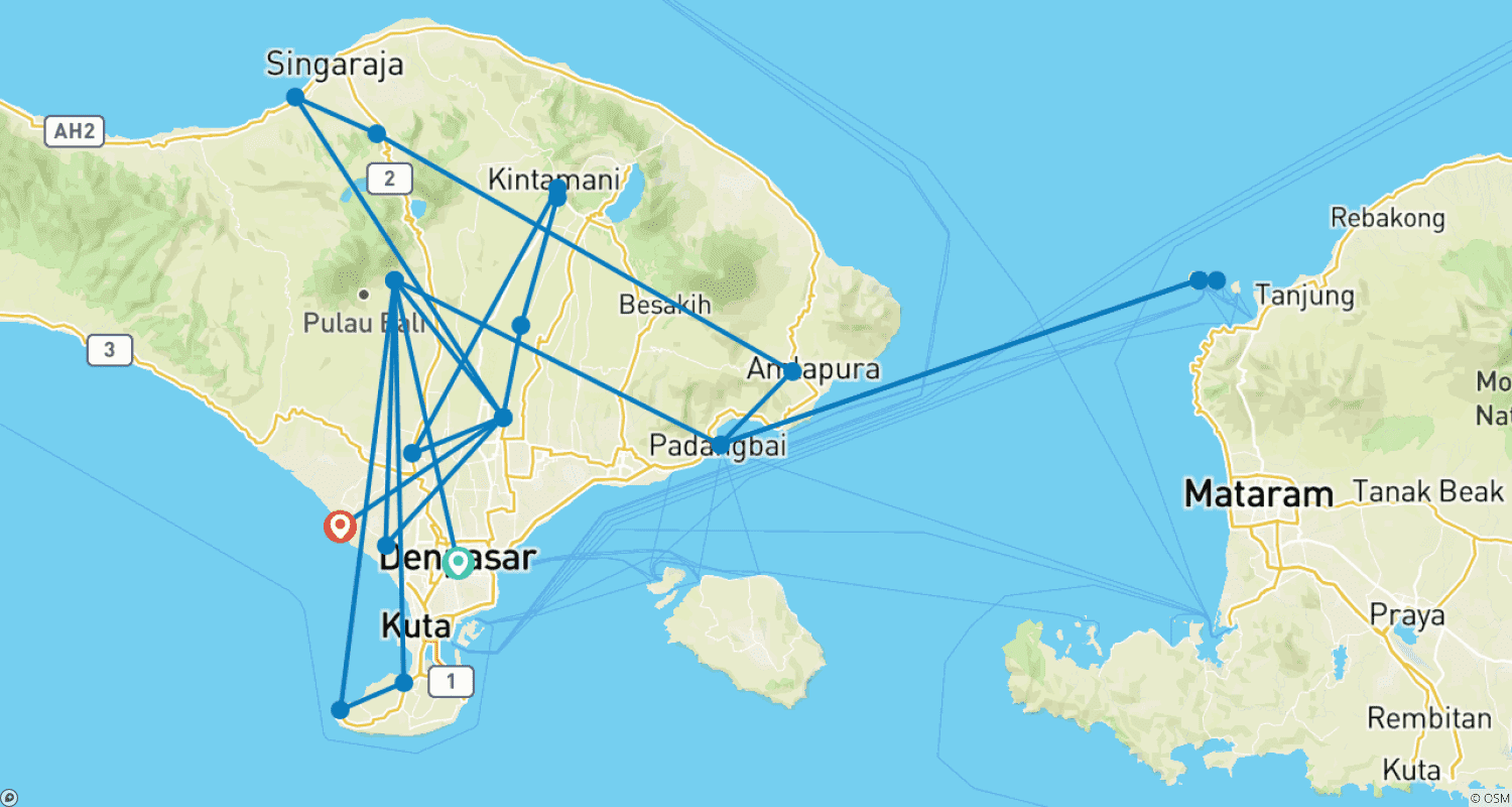 Mapa do percurso de 12 Days Bali Adventure of Surfing & Volcano (private guide & driver)