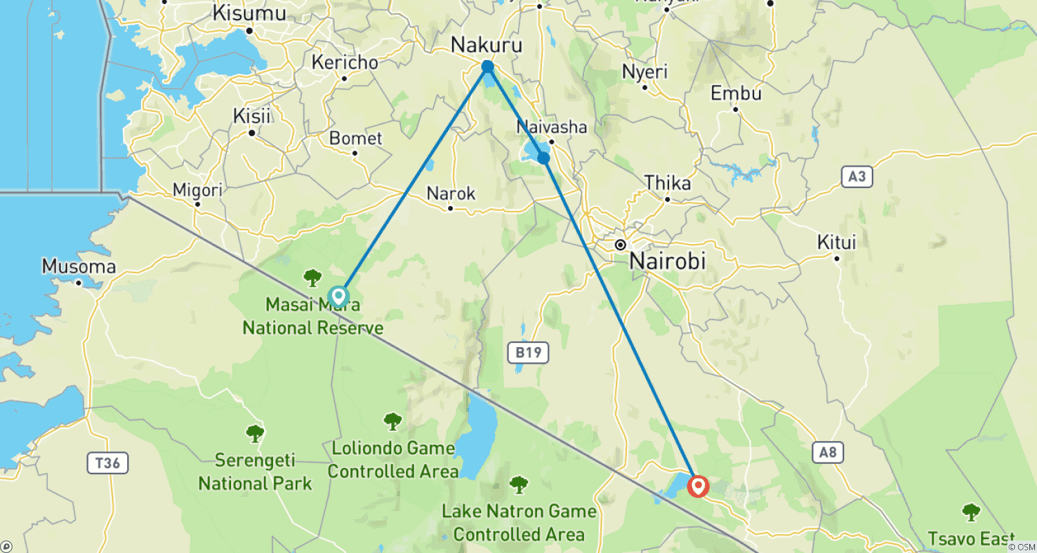Mapa do percurso de Safári em Grupo Pequeno de 7 Dias e 6 Noites com Alojamento Superior para Masai Mara, Lago Nakuru, Lago Naivasha/Hell’s Gate e Parques Nacionais de Amboseli