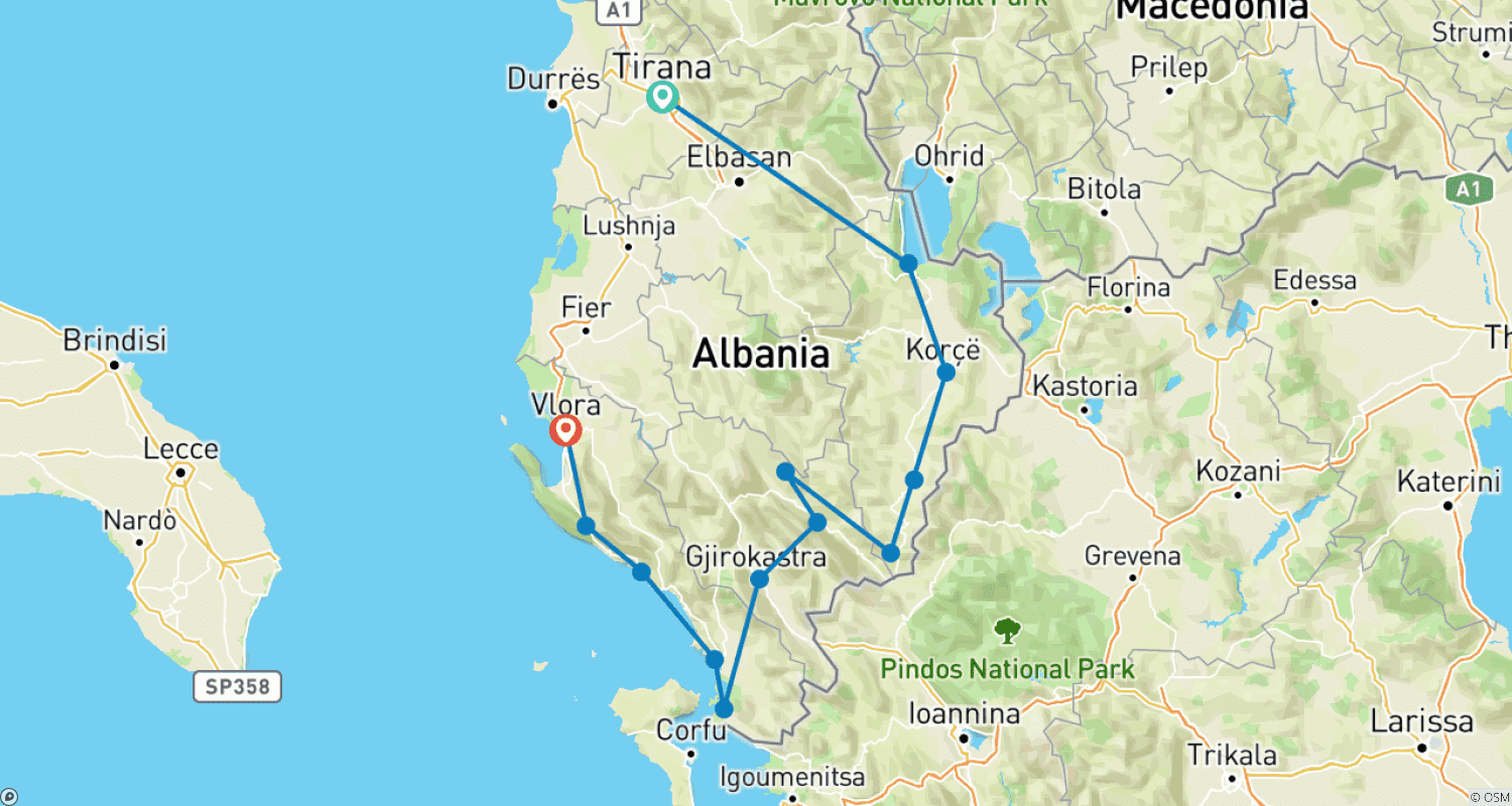 Mapa do percurso de Passeio de E-Bike na Albânia Autoguiado