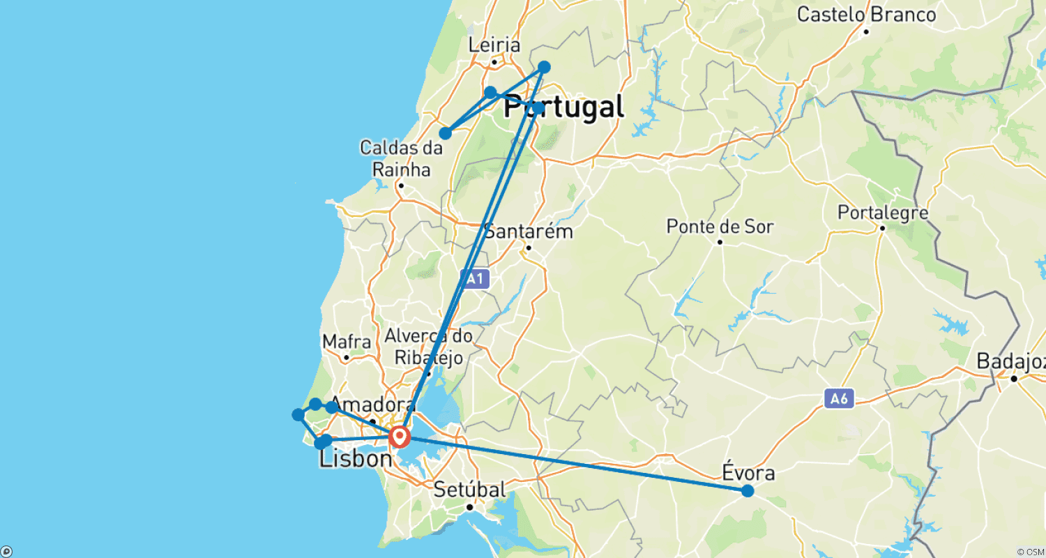 Mapa do percurso de Maravilhas de Portugal - 5 dias