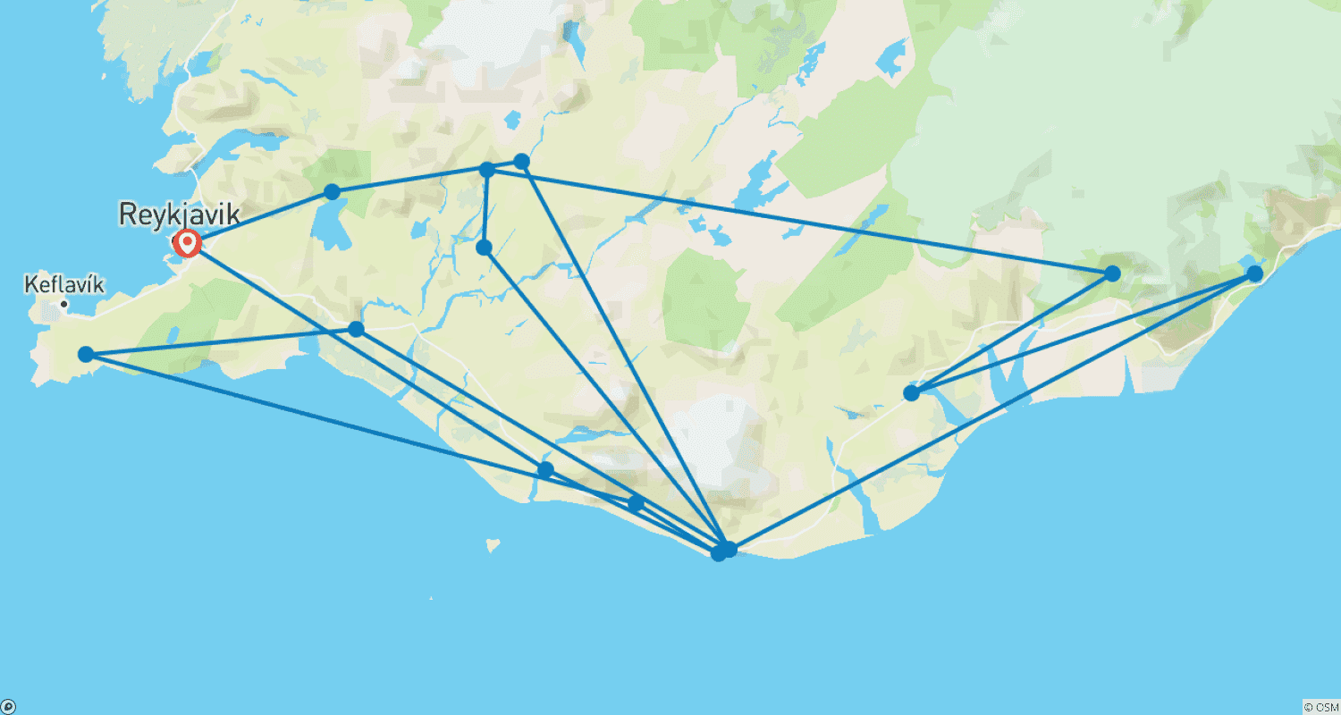 Mapa do percurso de Excursão de 5 Dias em Grupo Pequeno: Caça à Aurora Boreal e Lagoa Glaciar