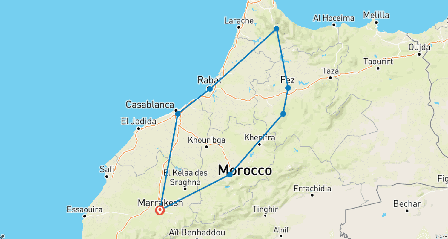 Mapa do percurso de Excursão Privada de 4 Dias a Marrocos para Cidades Imperiais via Chefchaouen a partir de Marraquexe