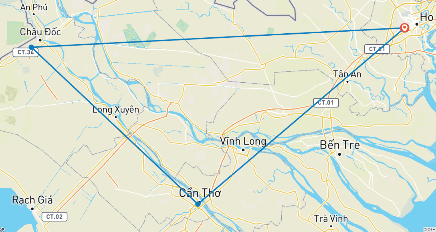 خريطة مسار اكتشف دلتا ميكونغ في 3 أيام - Cai Be - Can Tho - Chau Doc - Ho Chi Minh
