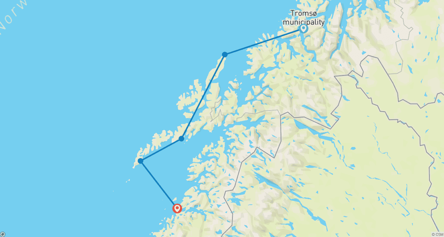 خريطة مسار ترومسو ولوفوتين مع Arctic Route