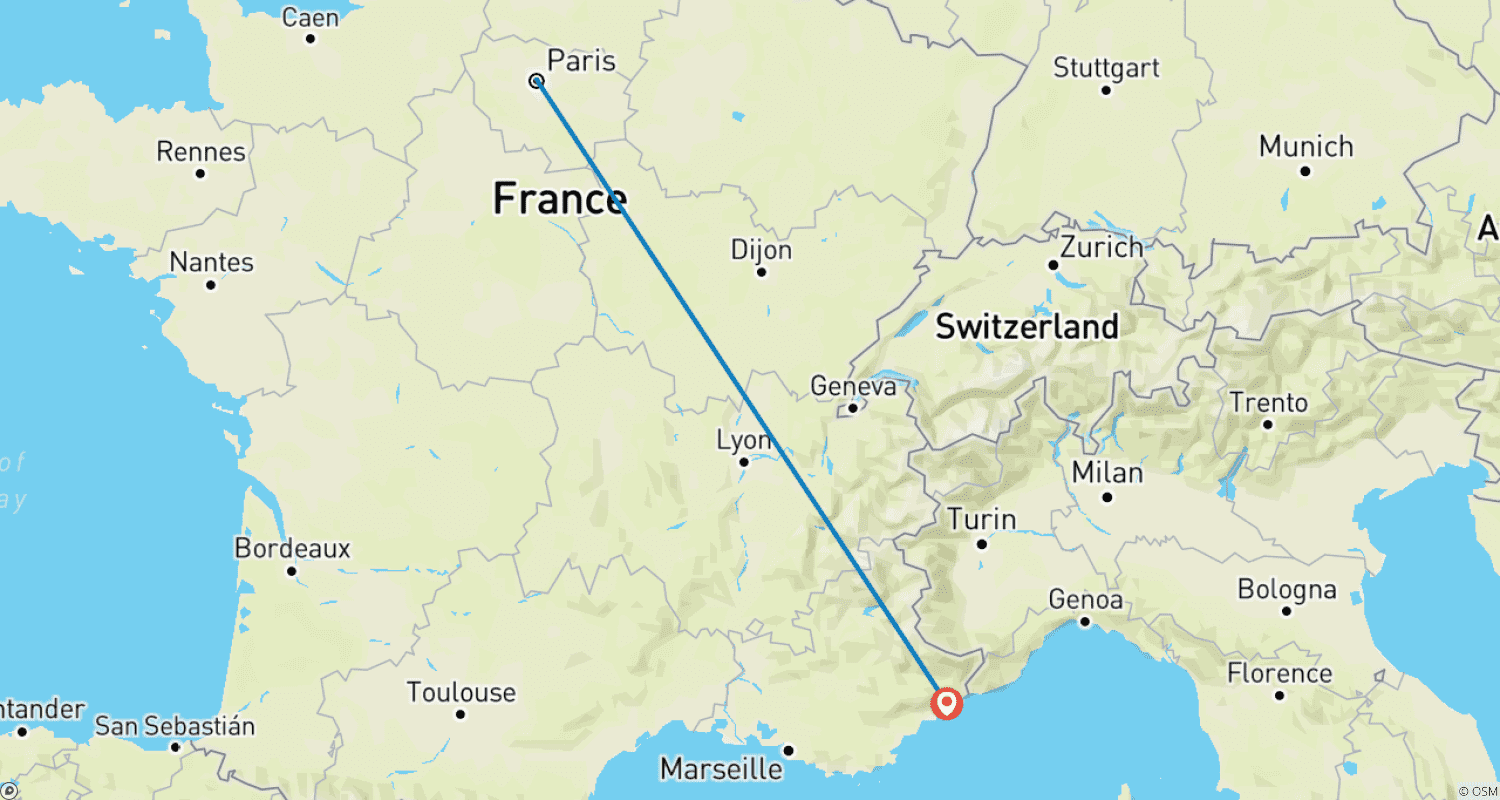 7日間 フランス(パリ&ニース)列車の旅:モナコ&ベルサイユを含むのルートマップ