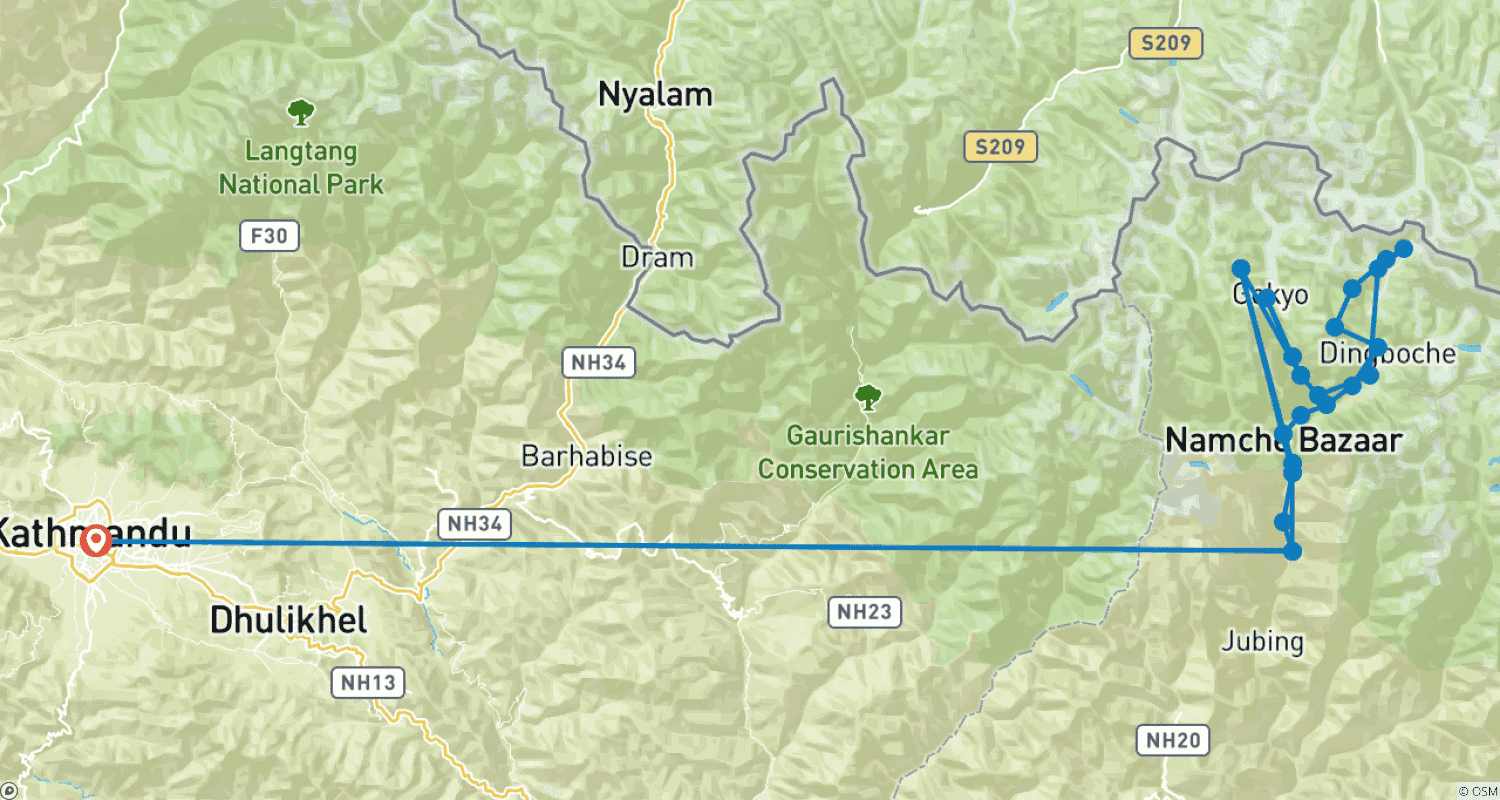 Mapa do percurso de Trekking ao Acampamento Base do Everest e Lago Gokyo
